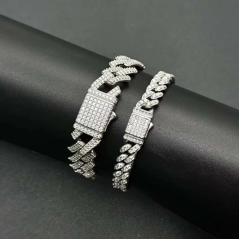 Cuban Link Chain 6mm-14mm S925 Sterling Silver Rhodium Plated VVS D Color Moissanite Bracelet Necklace Cuban Style Link Chain