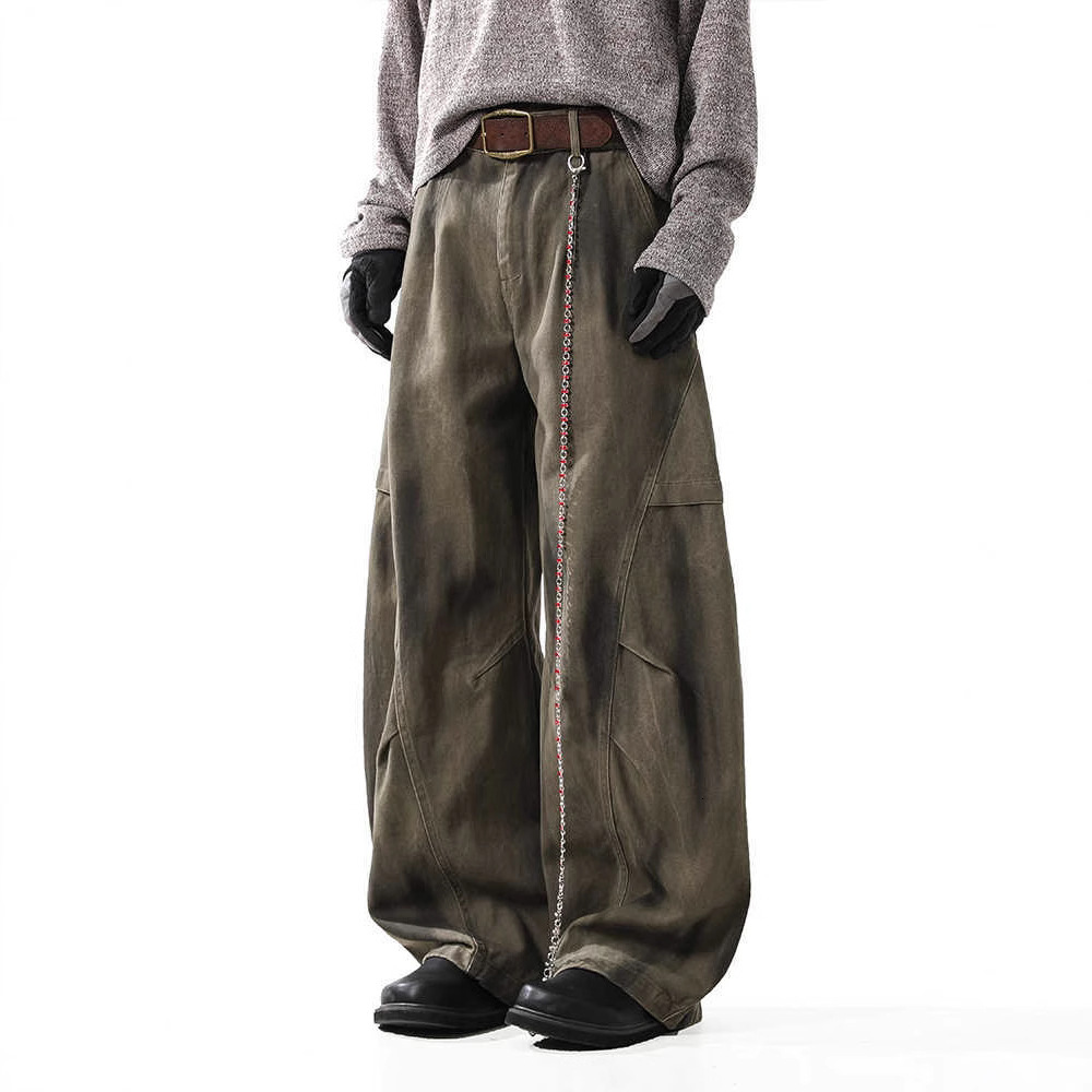 Designer Men's Jeans, Washed Retro Curved Knife Jeans, Men's Fashionable Loose Multi-functional Wide-leg Casual Work Pants, Men's Loose