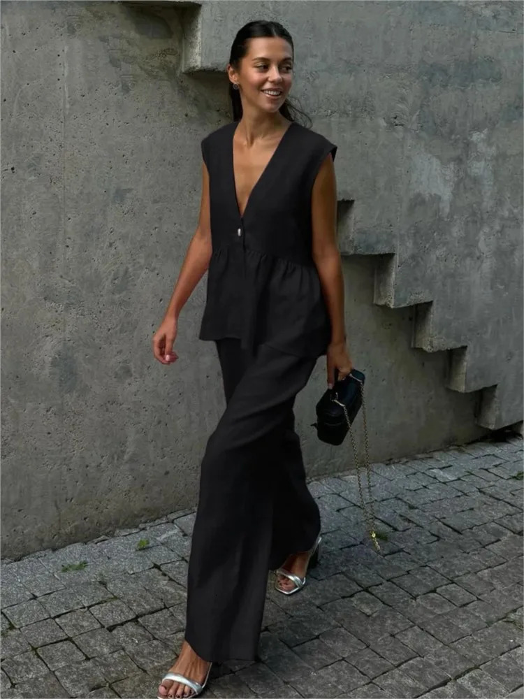 Summer Chic Womens Set Solid Color Cotton Linen Two Piece Set Fashion Ruffles Sleeveless Tank Top With Wide Pants Outfit Female 250627