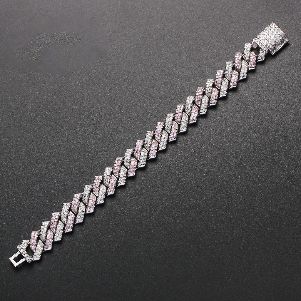 14mm Iced Out Pink White VVS Moissanite Bar Striped Cuban Link Bracelet Hip Hop Bling Trendy Statement Piece Pass the diamond tester