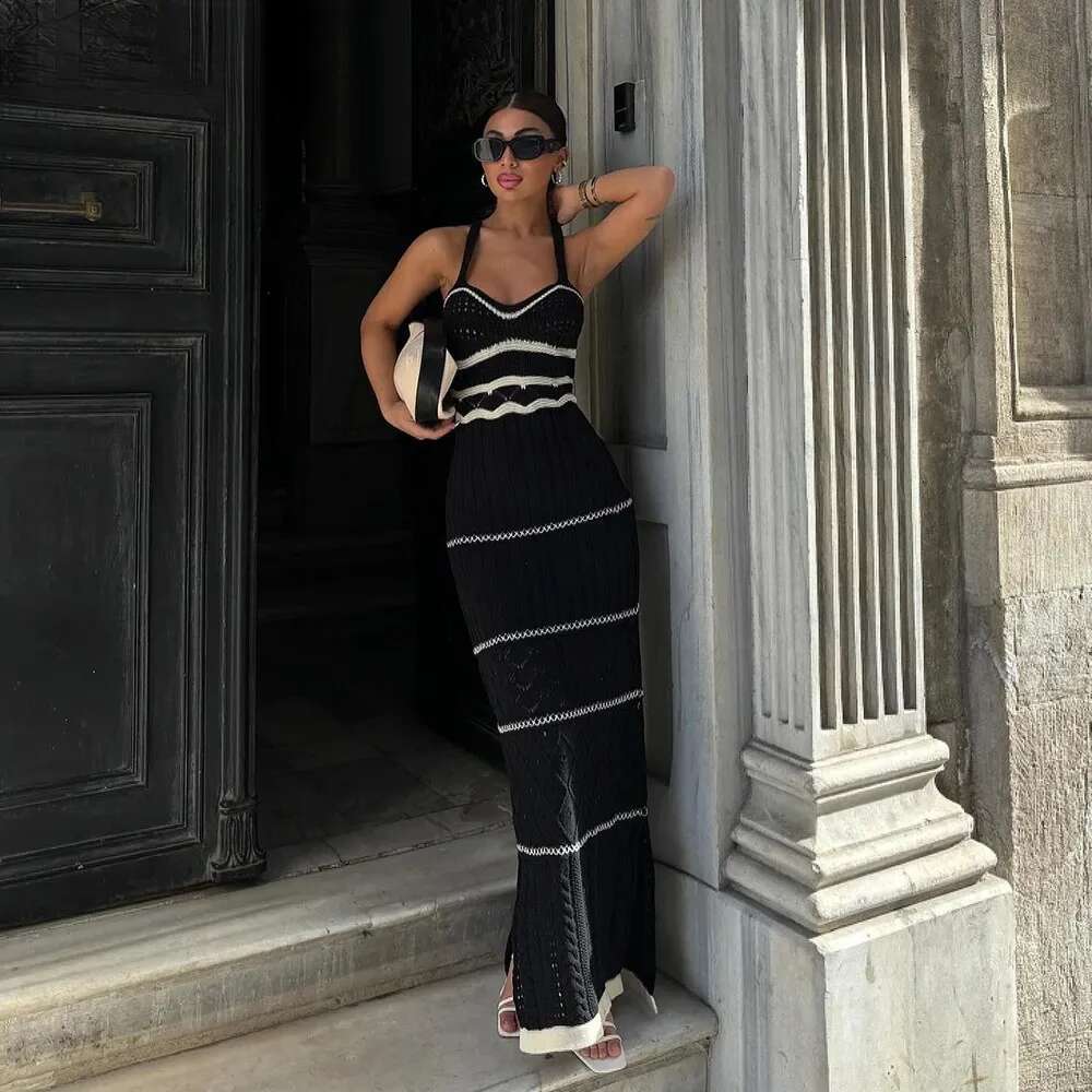 Zekye Striped Elegant Sun crochet dress Woman Summer Beach Vacation Sleeveless Bodycon Long Dresses V Neck Boho Sexy Knit