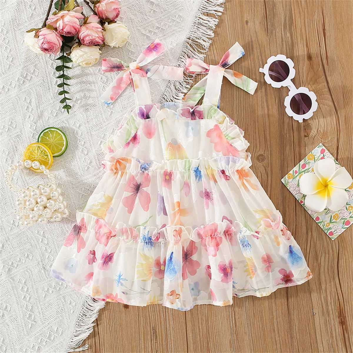 Summer Girls Dress Strap Chiffon Cool Beach Skirt Beautiful Fragmented Flower Ladies Fashion Bow Sleeveless Skirt R250707
