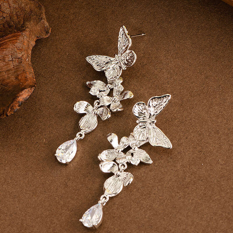 Unique Exquisite Design Long Butterfly Flower Tassel Earrings for Women Light High-end Sense Face Slimming Sier Needle Ear Jewelry - view 8
