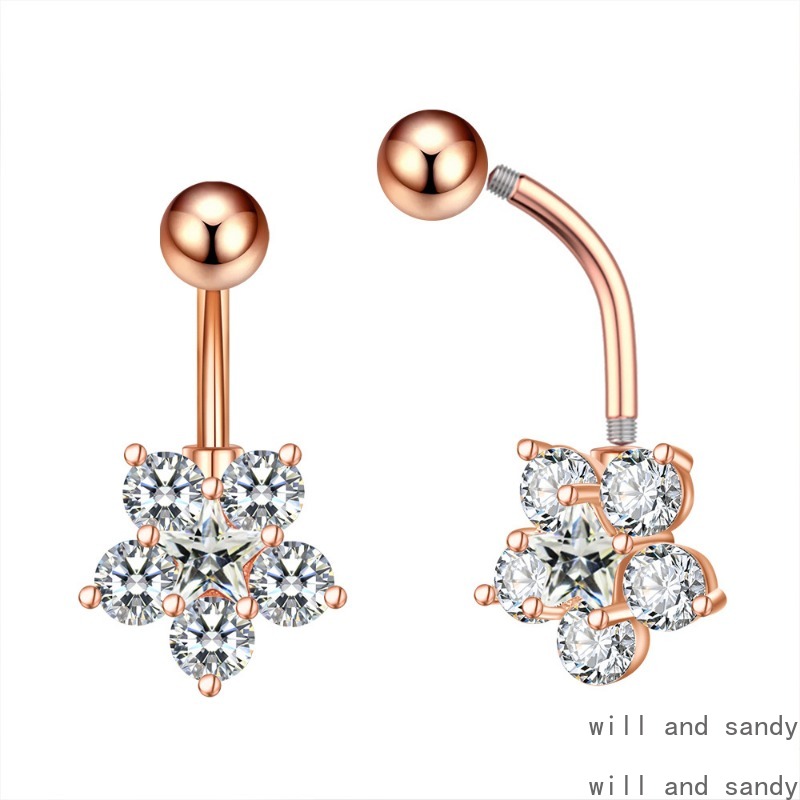 Anti Allergy Stainless Steel Bell Button Ring Crystal Zirconia Flower Heart Butterfly Chain Navel Belly Rings Body Piercing Jewelry for Women Summer J