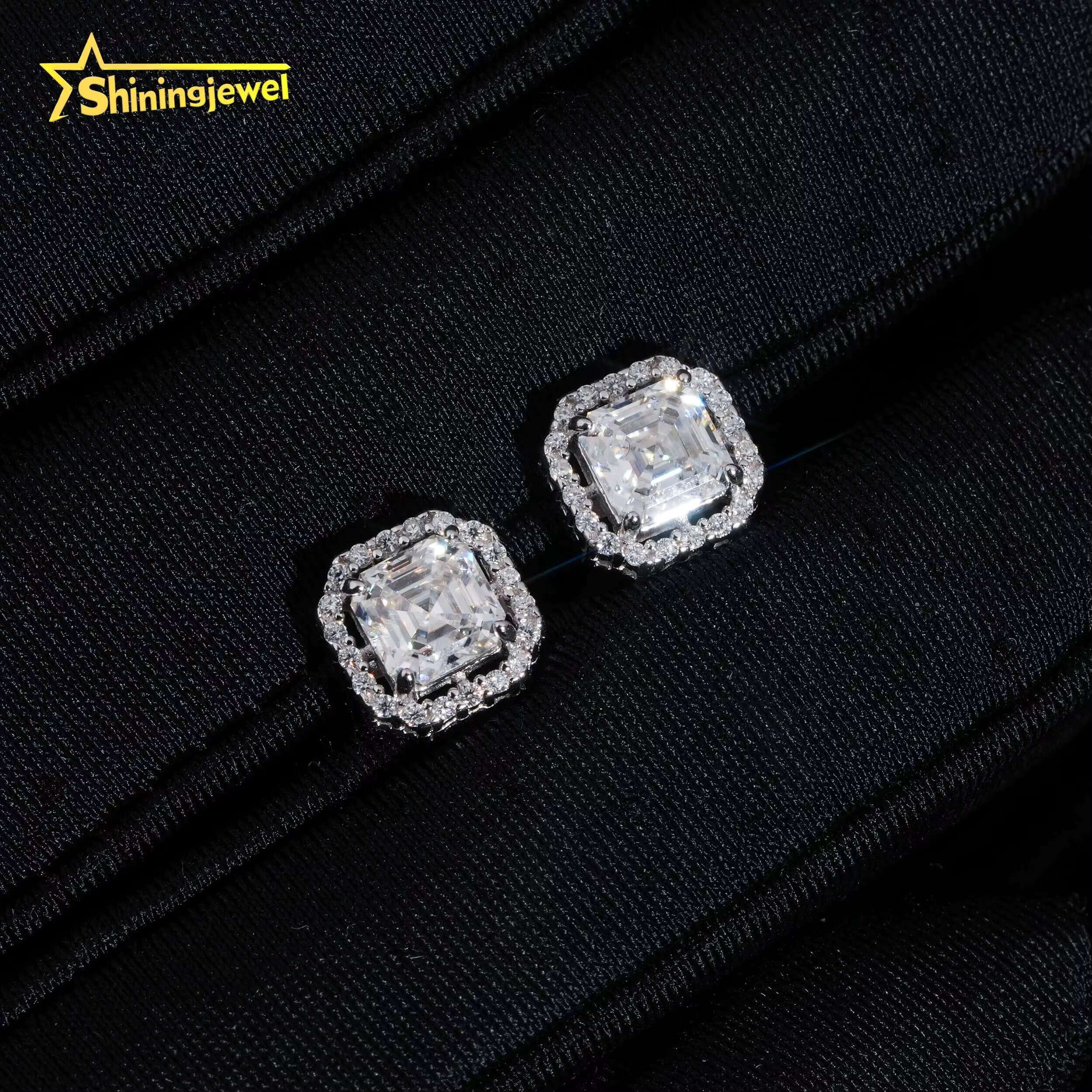 GRA Certified Hip Hop Moissanite Diamond Asscher Cut 5*5mm Halo Square 925 Sterling Silver Earrings