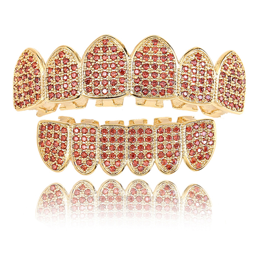 hip hop grillz 18k gold plated pomegranate red moissanite iced out colorful diamond men's accessories Rapper Costume Accessories Pass the diamond