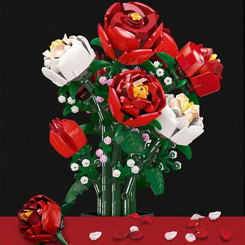 Creative Red Rose Vase Plants Model Building Blocks Moc Romantic Classic Flowers Bouquet Potted Bricks Toys Valentines Day Gift Y250627