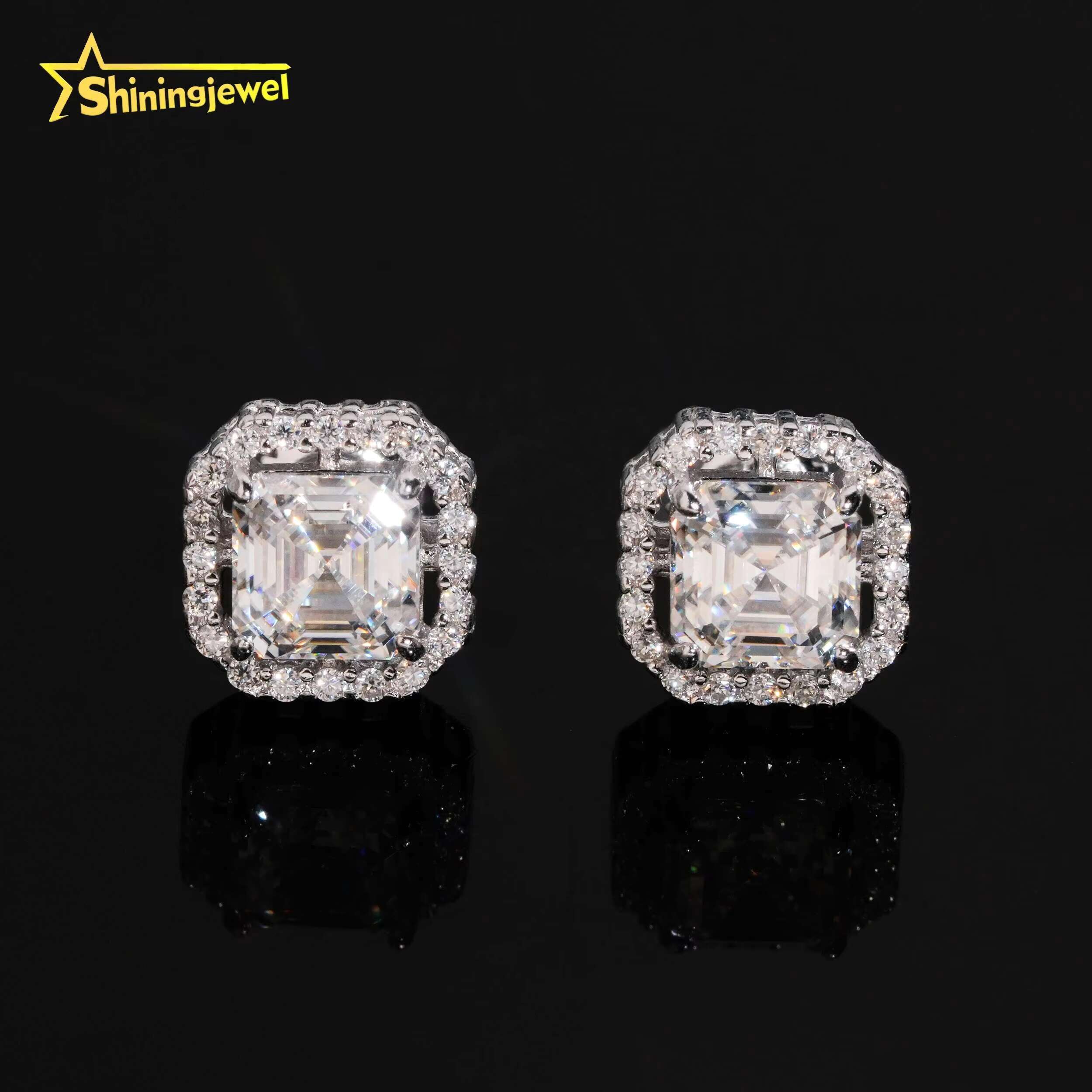 GRA Certified Hip Hop Moissanite Diamond Asscher Cut 5*5mm Halo Square 925 Sterling Silver Earrings