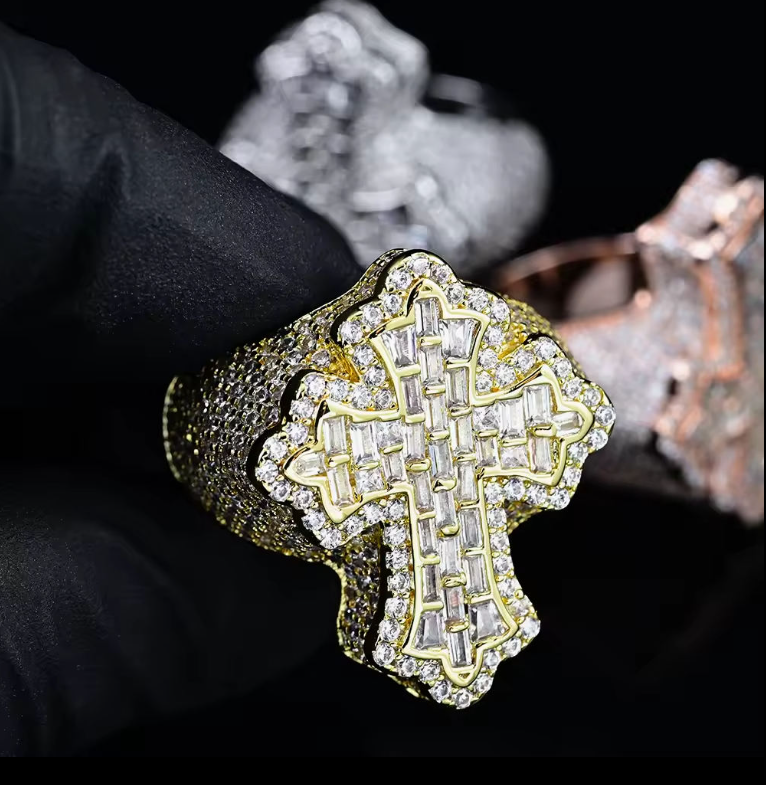 Hip Hop Style Men Jesus 925 Sterling Silver Ice Out Baguette Cross Moissanite Ring