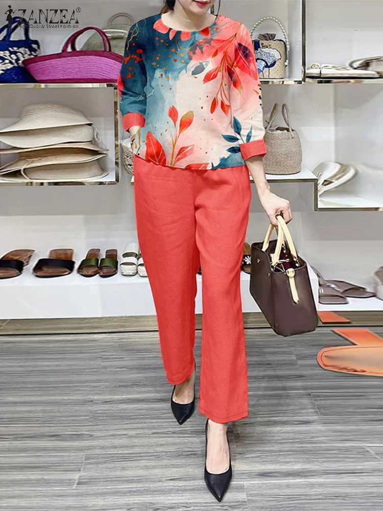 ZANZEA Ele Women Work Pant Sets Fashion 3/4 Sleeve Floral Blouse Trousers Suits 2PCS Casual Tracksuit Two Piece Sets Outfits W250628