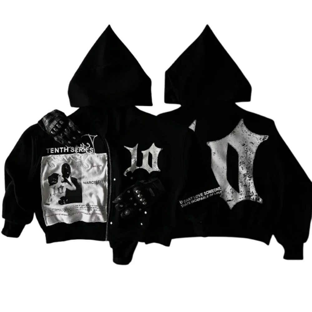 Streetwear Tenthseries Zip Hoodie Y2K Mens Womens Clothes Patch Letter Embroidered Oversized Hoodie Sweatshirt Casual Jacket 250627