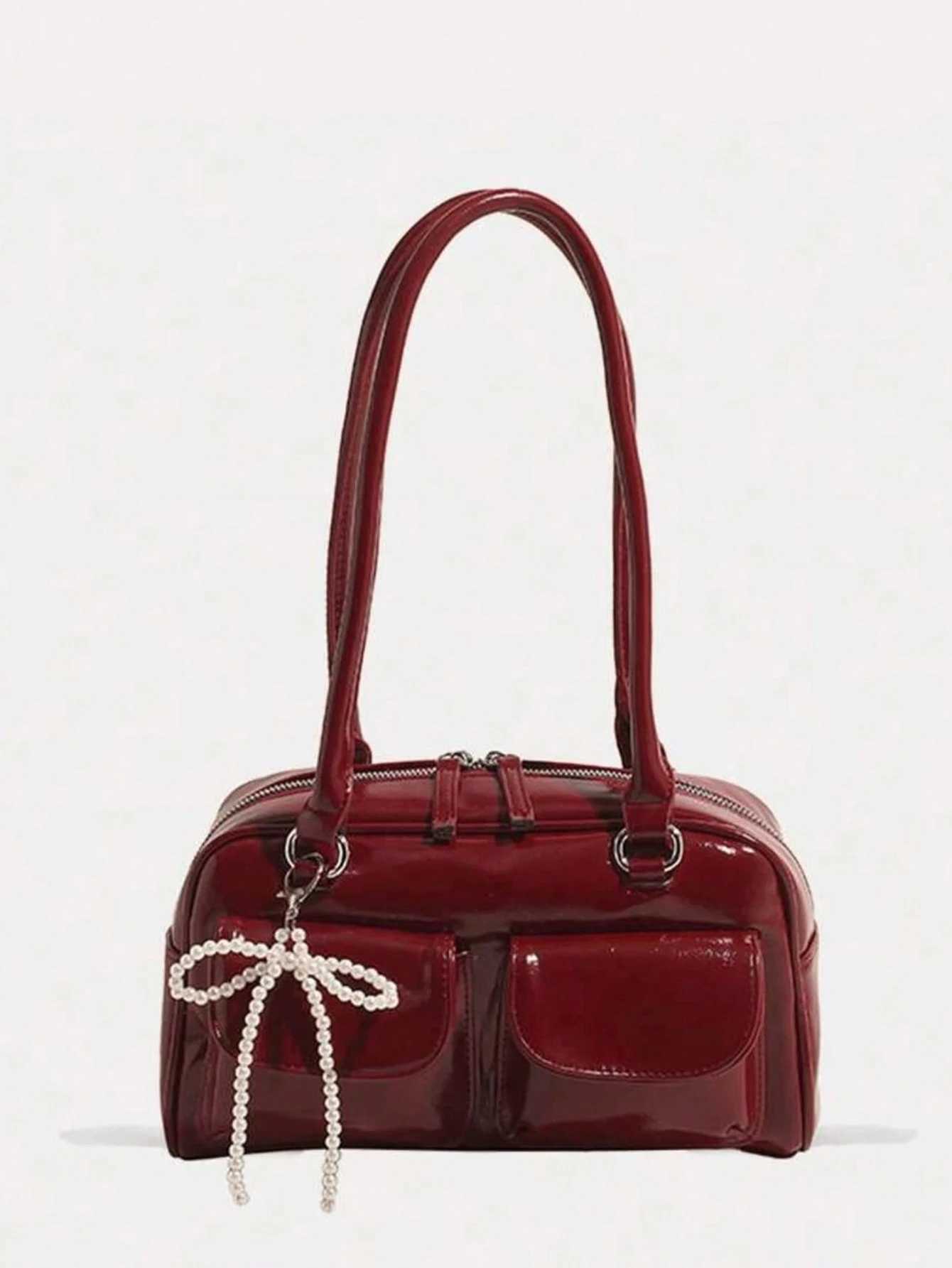 New fashion classic all-match solid color PU waterproof fabric womens handbag beaded bow decoration design large capacity shoulder bag XJ250627