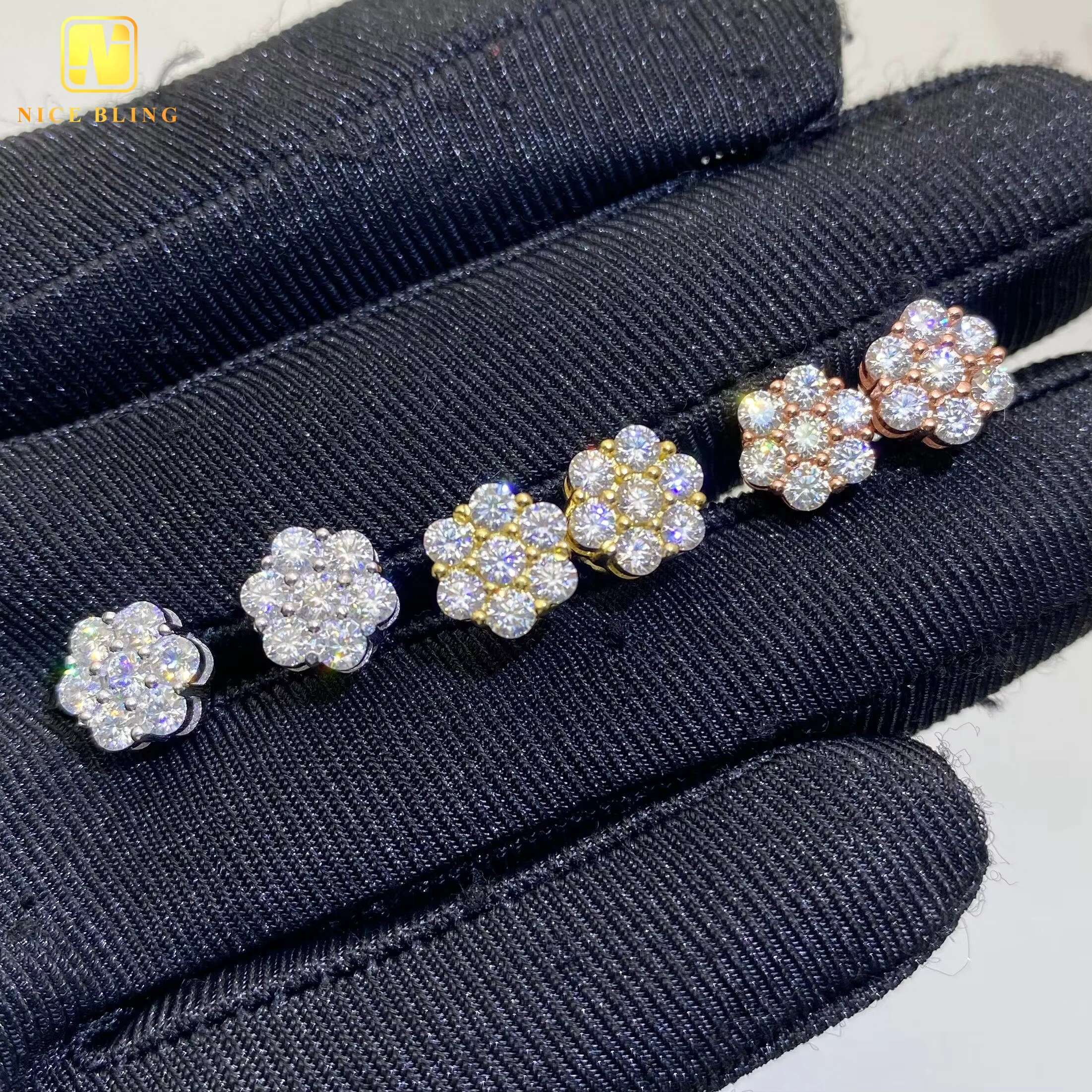 Pass Diamond Tester Flower Design Ice Out VVS Moissanite Stud Earring 925 Sterling Silver Diamond Ear Studs for Men Women