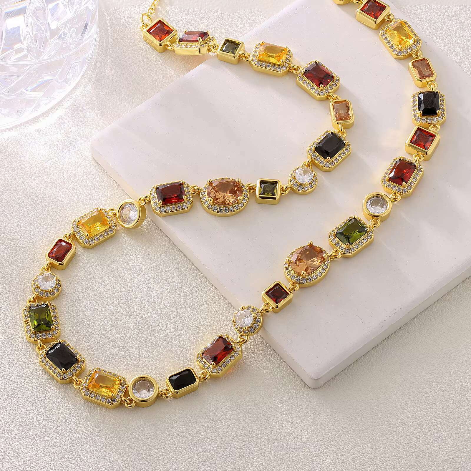 Wholesale Multi Gemstone Jewellery Star Rainbow Zircon Chain 18K Gold Plated Men 10MM Colorful CZ Gem Stone Necklace for Women