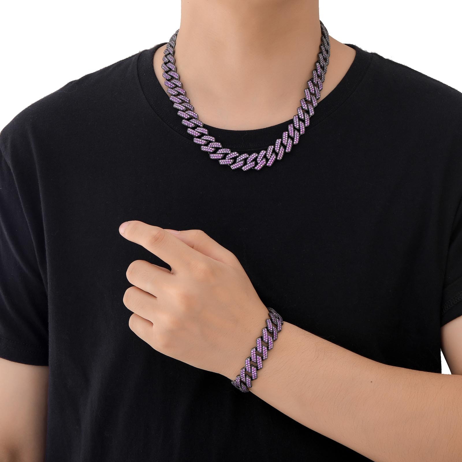 15mm Iced Out Purple Moissanite Rhombus Cuban Link Bling Hip Hop Bar Shaped Men's Bracelet Passes the Diamond Tester