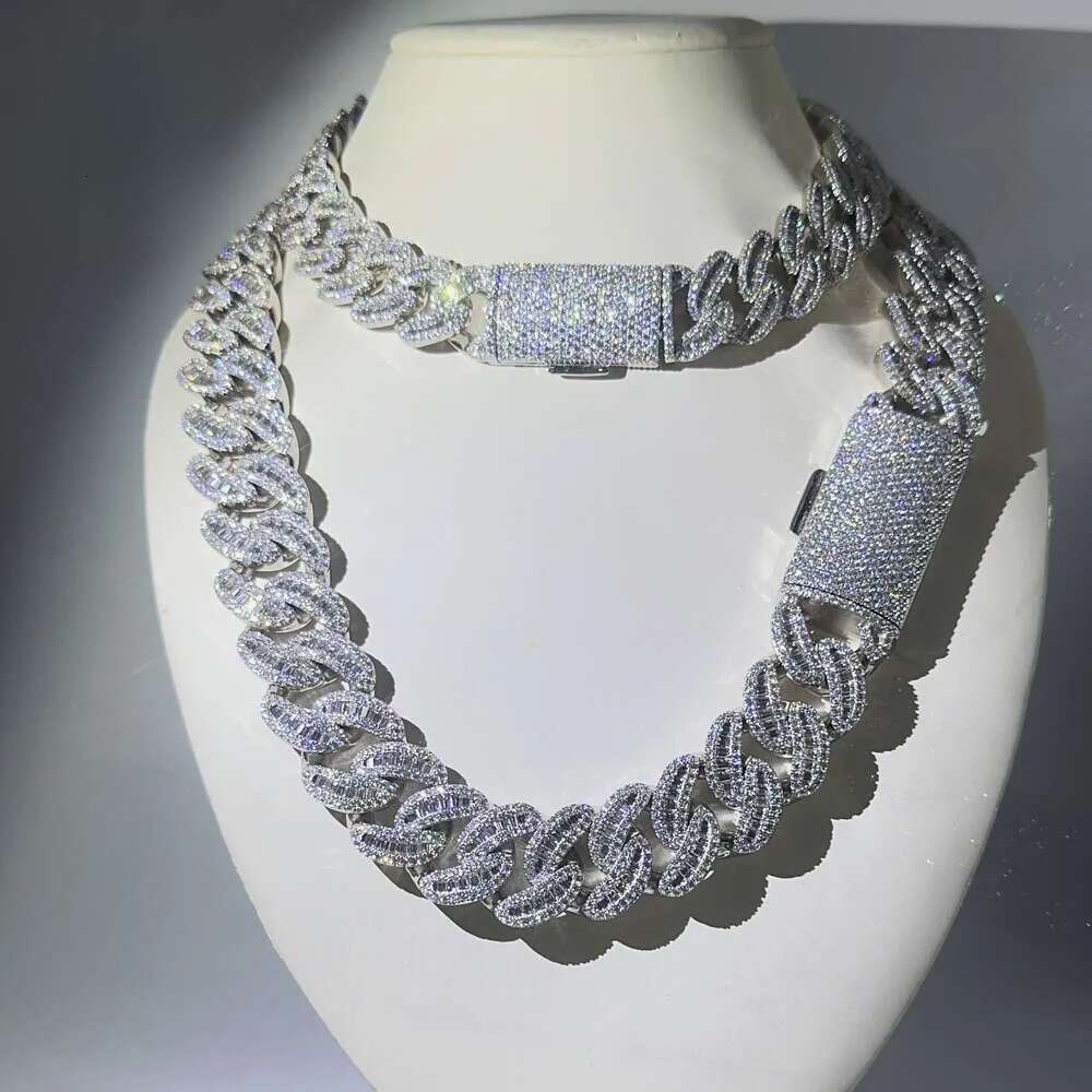 moissanite cuban link chain 22mm Moon Shape Baguette Ice Out Sterling Sier Miami Chain Necklace