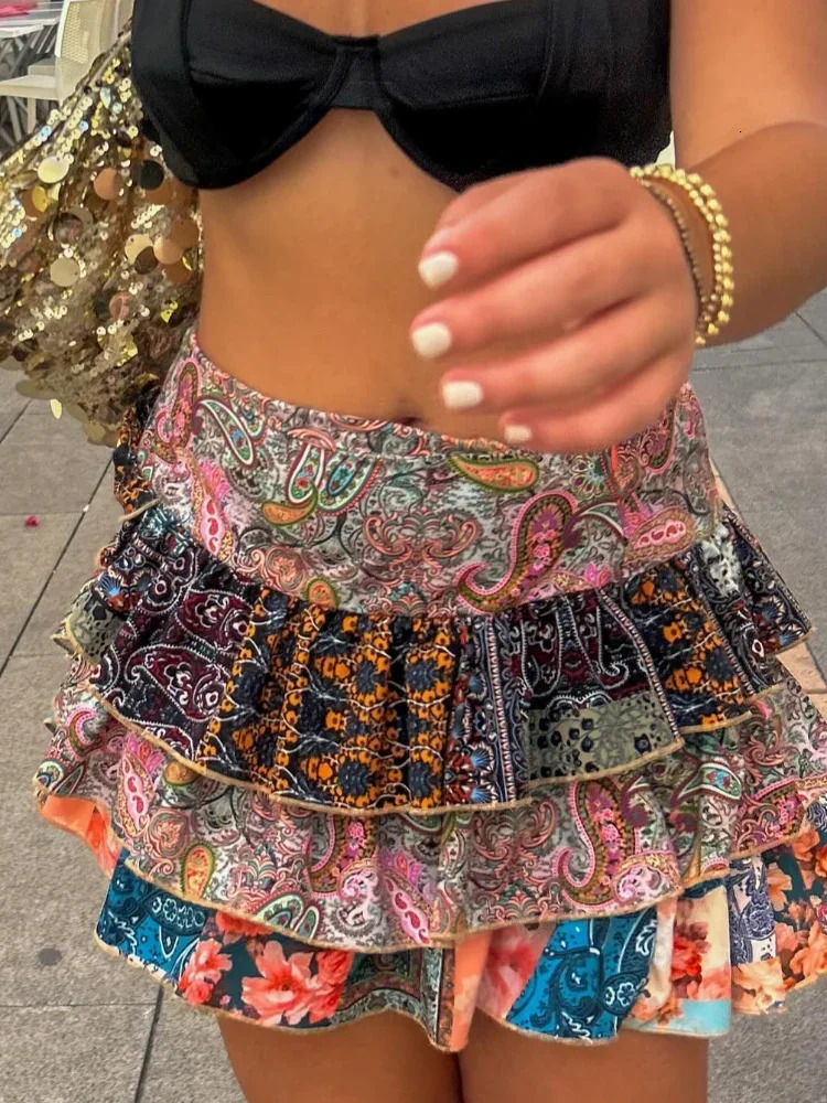 Stacked Ruffles Printed Holiday Mini Skirt Women High Waist A-line Pleated Fashion Skirts Street Party Gown Robe Summer 250624