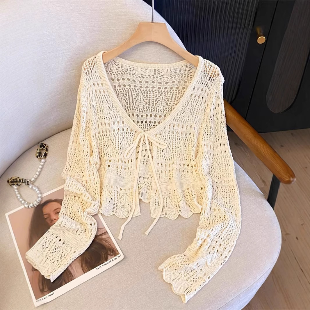 K1165 Summer custom all-match hollow hook flower linen knitted lace-up long-sleeved sunscreen cardigan shawl women's clothing outer wear ice silk