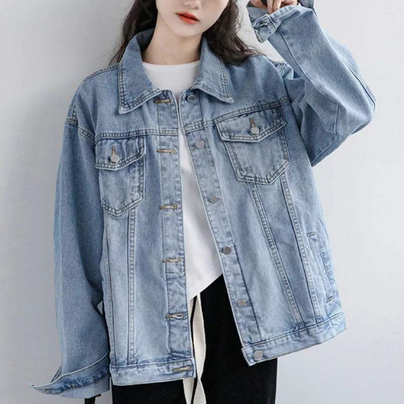 Vintage Women Jacket 2024 Autumn Winter Oversize Denim Jackets Washed Blue Jeans Coat Turn-down Collar Outwear Bomber Jacket 250625