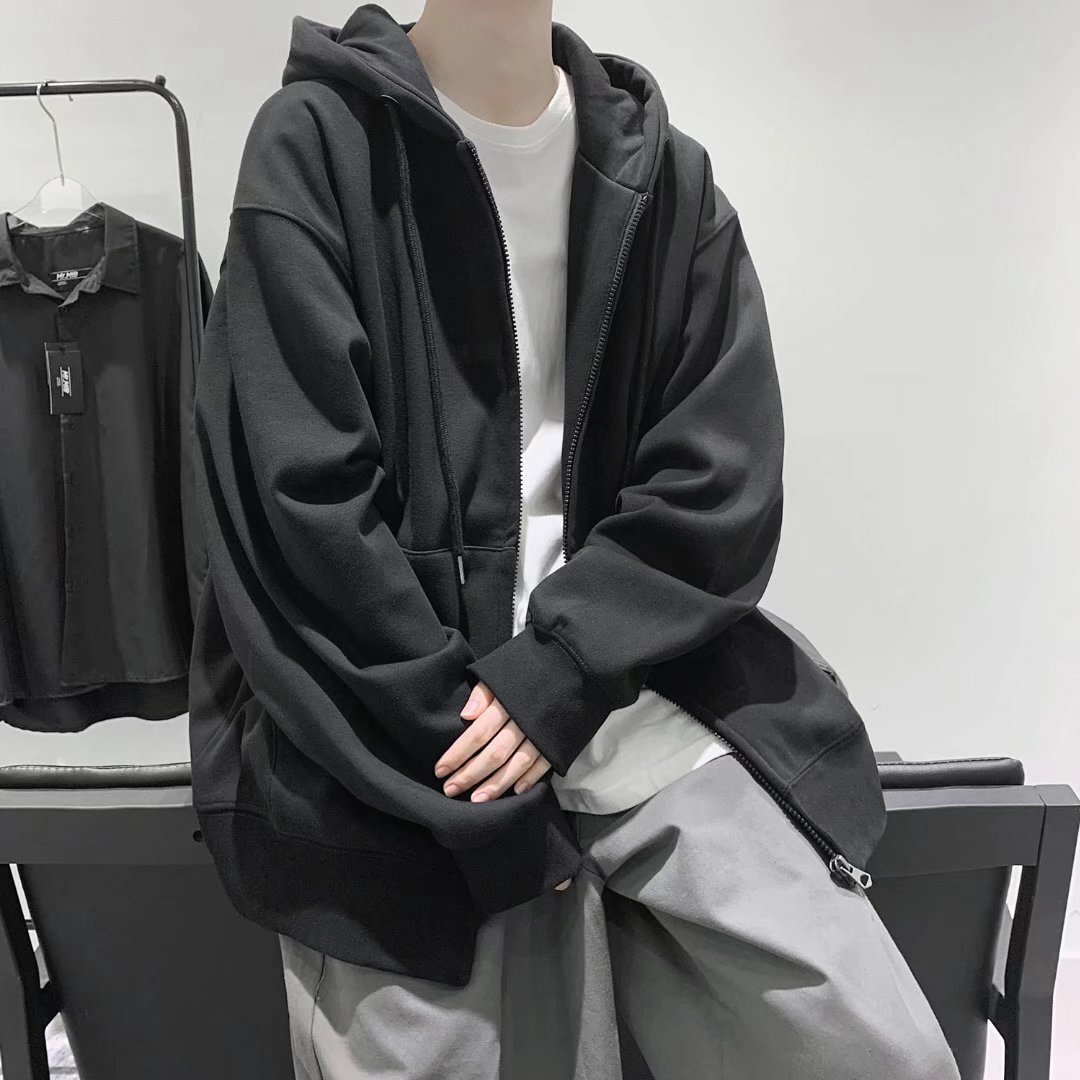Cardigan Hoodie Sweatshirt for Men, Autumn New Korean Style Trendy Top, Loose Casual Solid Color Jacket