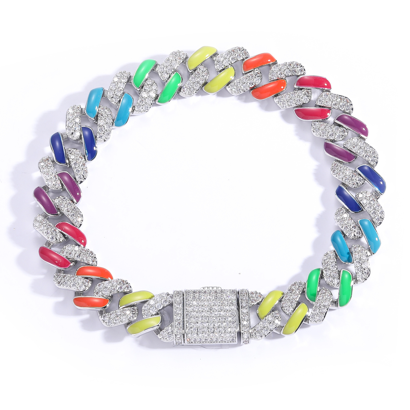 12MM New Arrival Rainbow Cuban Chain Hip Hop Bracelet - Multicolor Moissanite Iced Out Unisex Statement Jewelry Pass the diamond tester