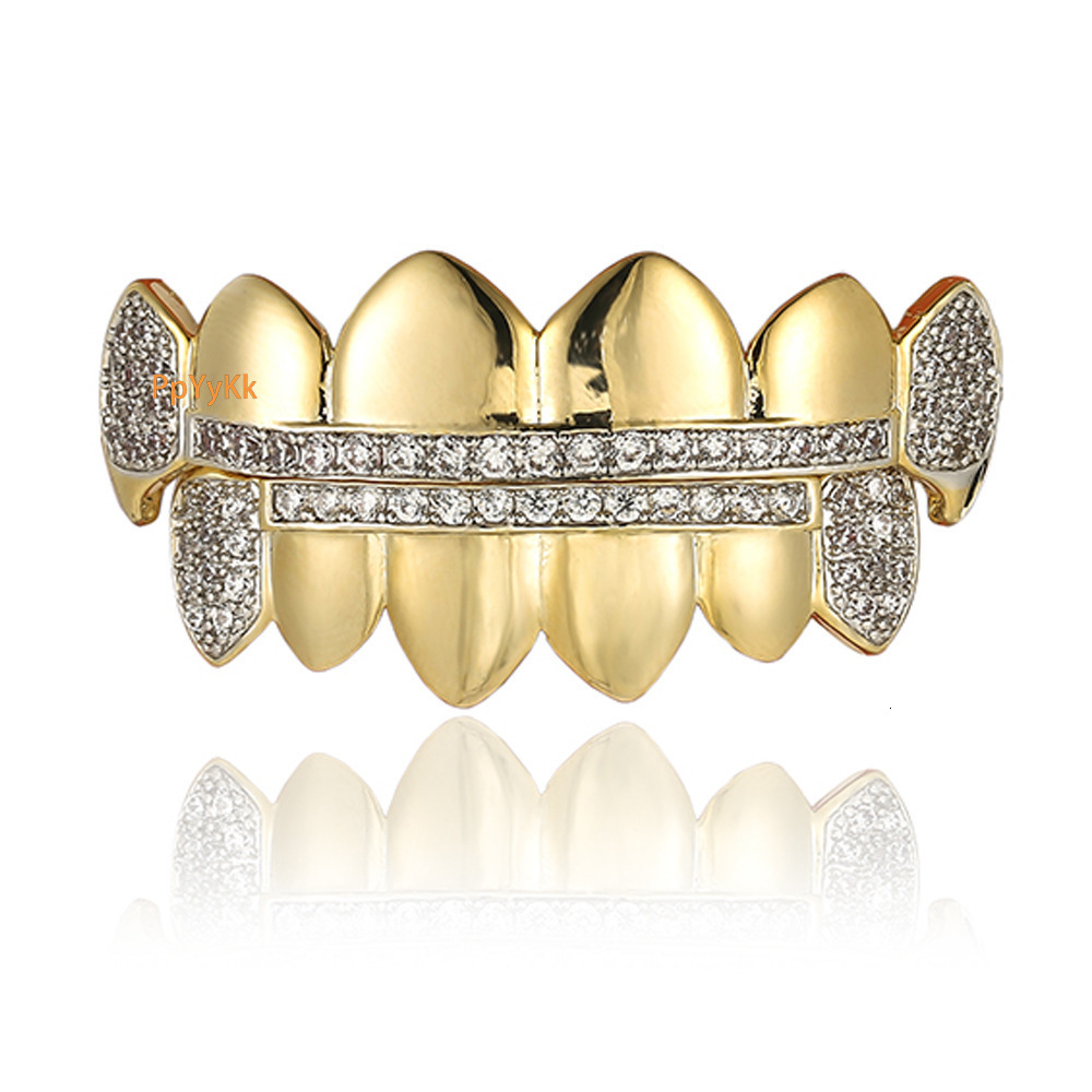 New 18K Gold Plated Iced Out Micro Paved Pointed Fangs Hip Hop Grillz Halloween Accessory