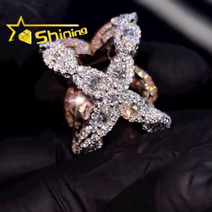 Custom Made New Arrivals Hip Hop Jewelry 925 Silver Colorful Diamond Clover VVS Moissanite Diamond Custom Ring for Men Women