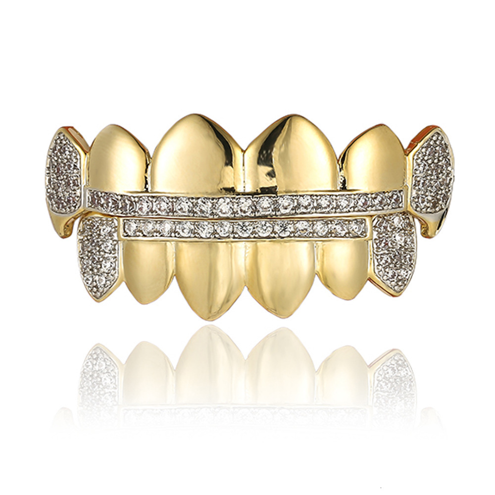 New 18K Gold Plated Iced Out Micro Paved Pointed Fangs Hip Hop Grillz Halloween Accessory