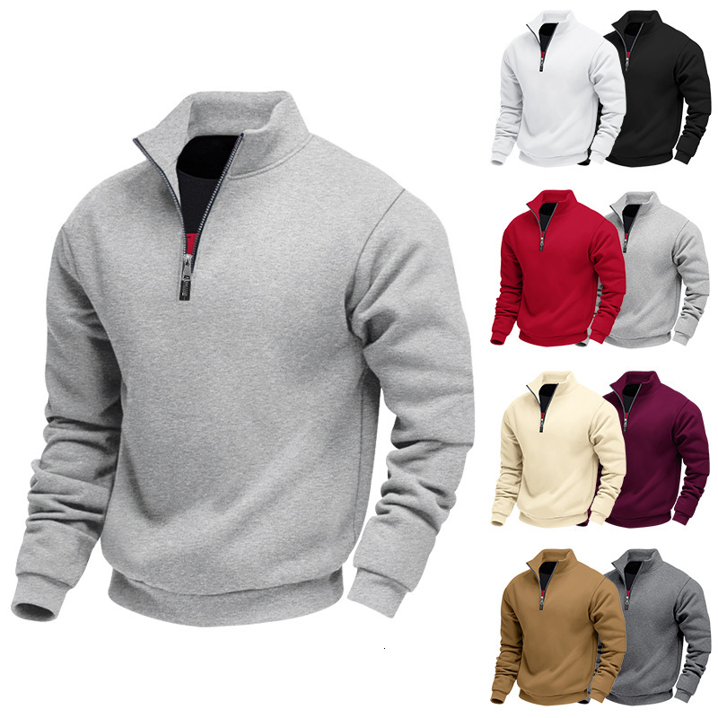 Autumn Winter New Sweatshirt Casual Zipper Stand Collar Fleece Solid Color Men's Jacket