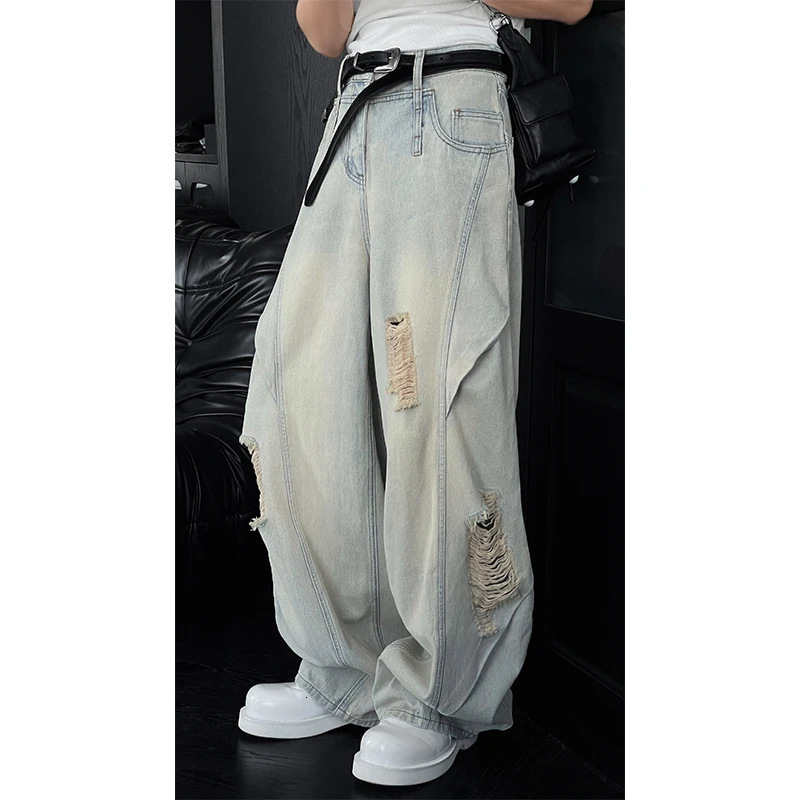 Designer Men's Jeans Ripped Seam Jeans For Men, Summer Thin American High Street Style, Trendy Loose Straight Wide-leg Casual Pants Loose Casual 