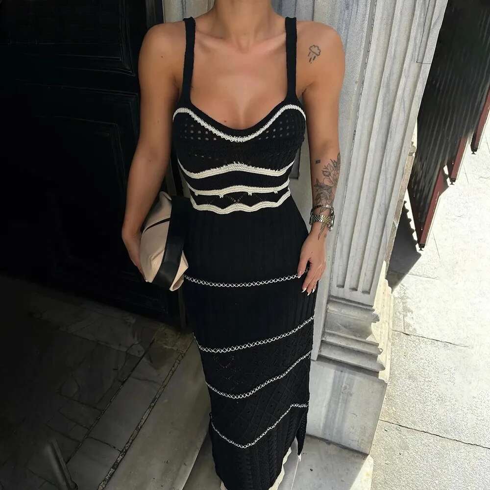 Zekye Striped Elegant Sun crochet dress Woman Summer Beach Vacation Sleeveless Bodycon Long Dresses V Neck Boho Sexy Knit