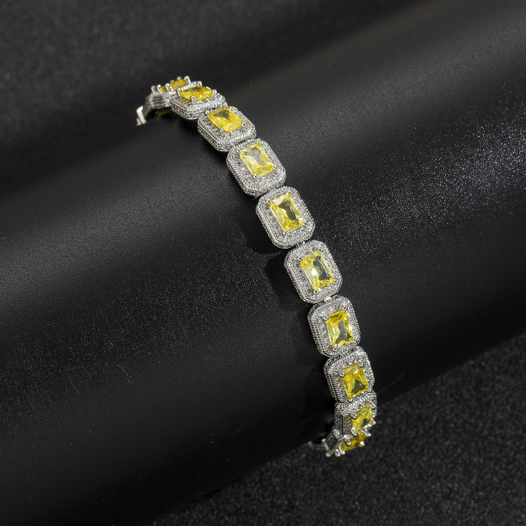 8MM Yellow Moissanite Square Bling Chain Hip Hop Bracelet T-Square Iced Out Niche Trendy Men's Jewelry Pass the diamond tester