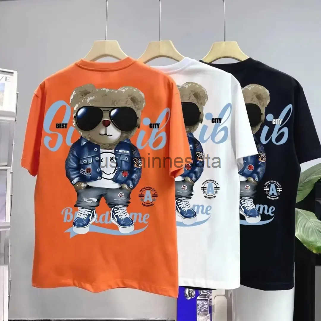 Summer Mens Cotton T-shirt Korean Mens Cool Bear Short Sleeve Tops High Quality White T Shirt O-neck Tee Shirt Men Clothing J250628