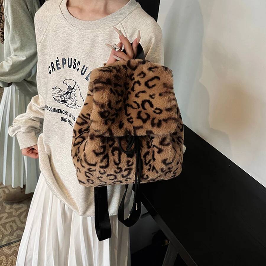 Fashion Leopard Print Drawstring Backpack Women Plush Fluffy Bag Solid Color Soft Fleece Knapsack Winter Warm Faux Fur Rucksack