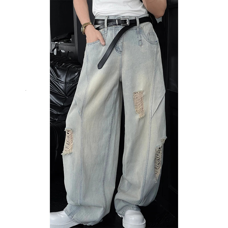 Designer Men's Jeans Ripped Seam Jeans For Men, Summer Thin American High Street Style, Trendy Loose Straight Wide-leg Casual Pants Loose Casual 