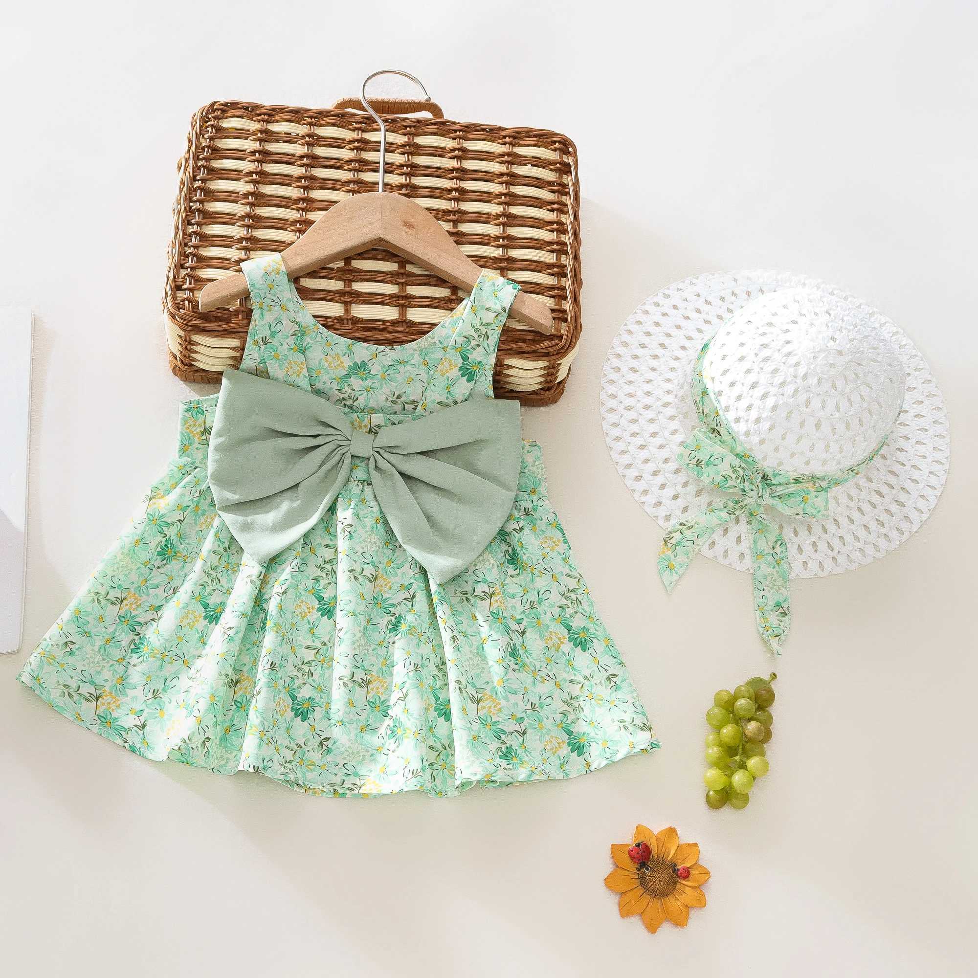 Summer 2-Piece Baby Dress+Sun Hat Bow Strap Floral Baby Girl Dress Soft And Comfortable ChildrenS Clothing R250707