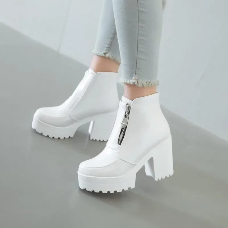 Black White Platform Ankle Boots for Women High Heels Boots Ladies Zip Autumn Winter Booties Woman Boots Shoes Ladies Shoes 250711