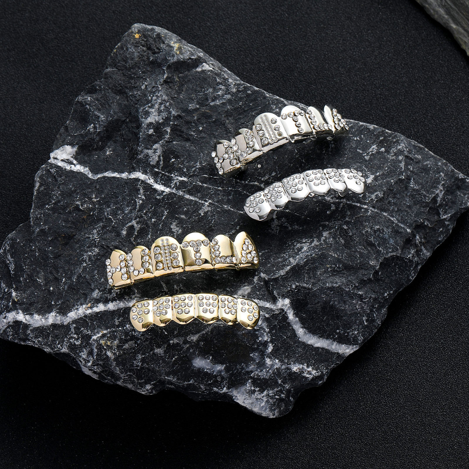 18K Gold Iced Out Lettered Diamond Grillz Vampire Fake Teeth Luxury Halloween Accessory
