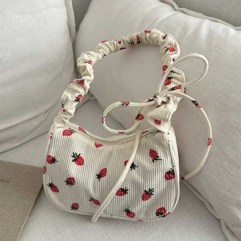 Women Small Underarm Bag Corduroy Handbag Cute Strawberry Print Little Tote Half Moon Design Eco Cloth Purse Mini Shoulder BagsXJ250627