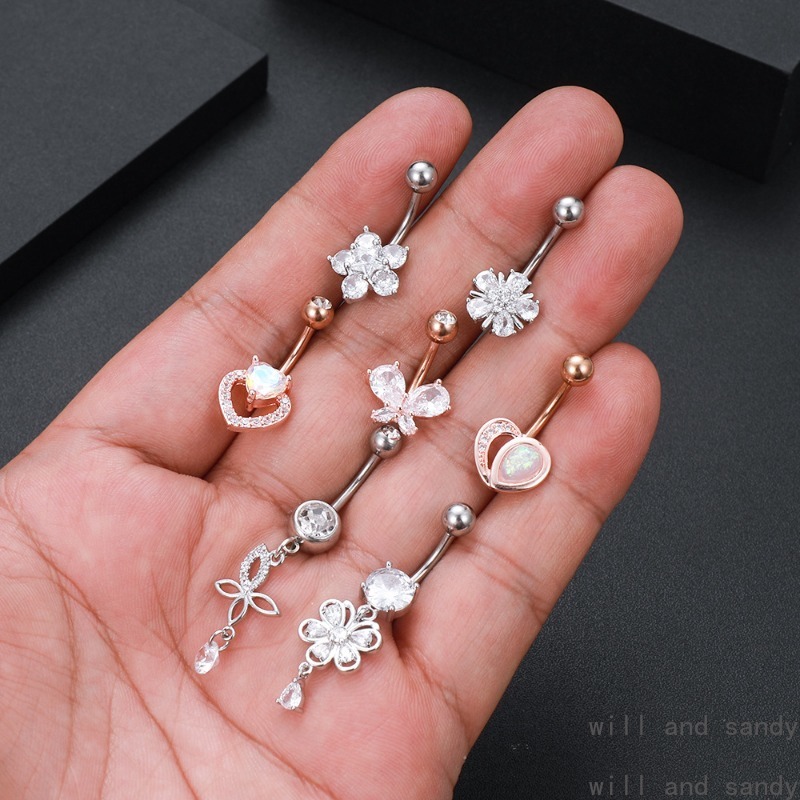 Anti Allergy Stainless Steel Bell Button Ring Crystal Zirconia Flower Heart Butterfly Chain Navel Belly Rings Body Piercing Jewelry for Women Summer J
