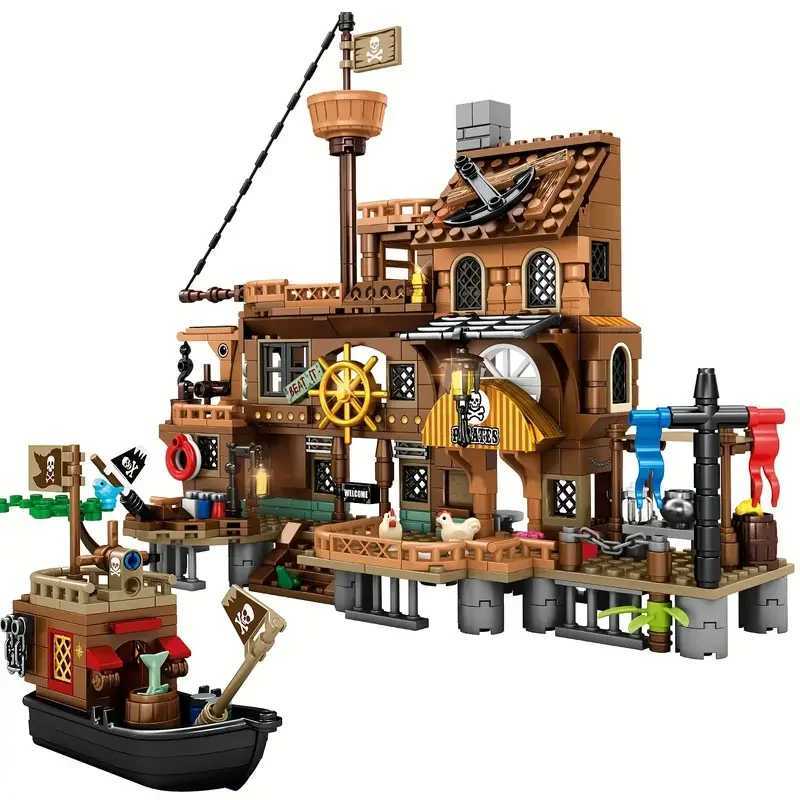 Creative Medieval Pirate Island Fortress Castle Building Blocks Adventure Ship Log Cabin Model Boat Assemble Bricks Toy Kid Gift Y250627