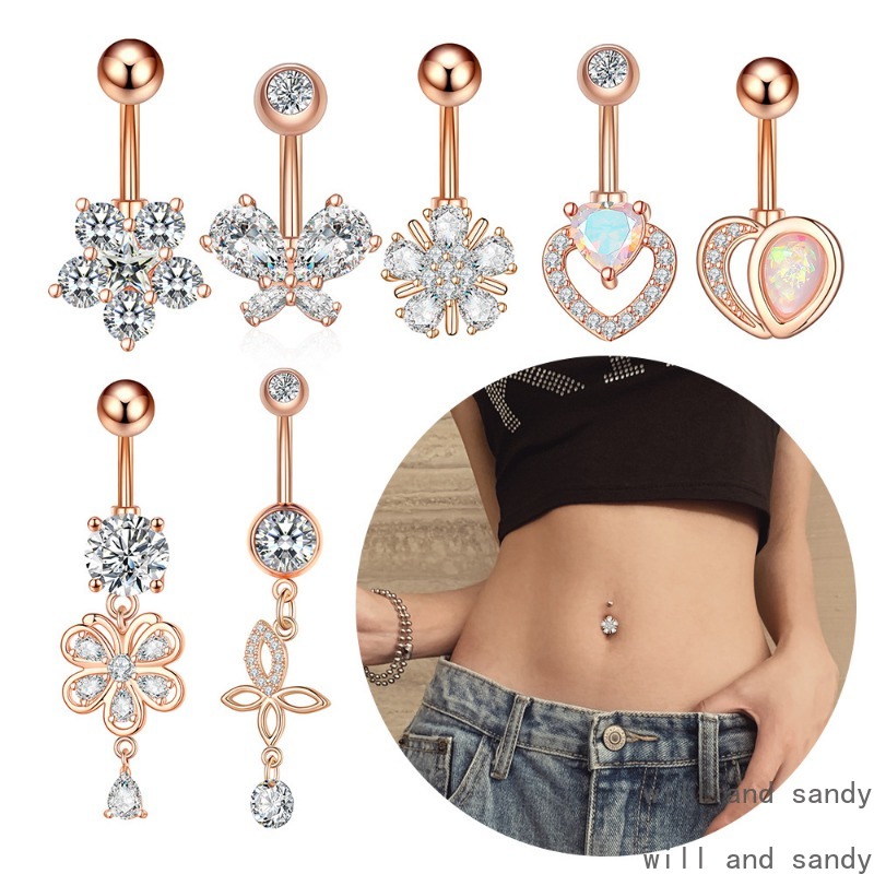 Anti Allergy Stainless Steel Bell Button Ring Crystal Zirconia Flower Heart Butterfly Chain Navel Belly Rings Body Piercing Jewelry for Women Summer J