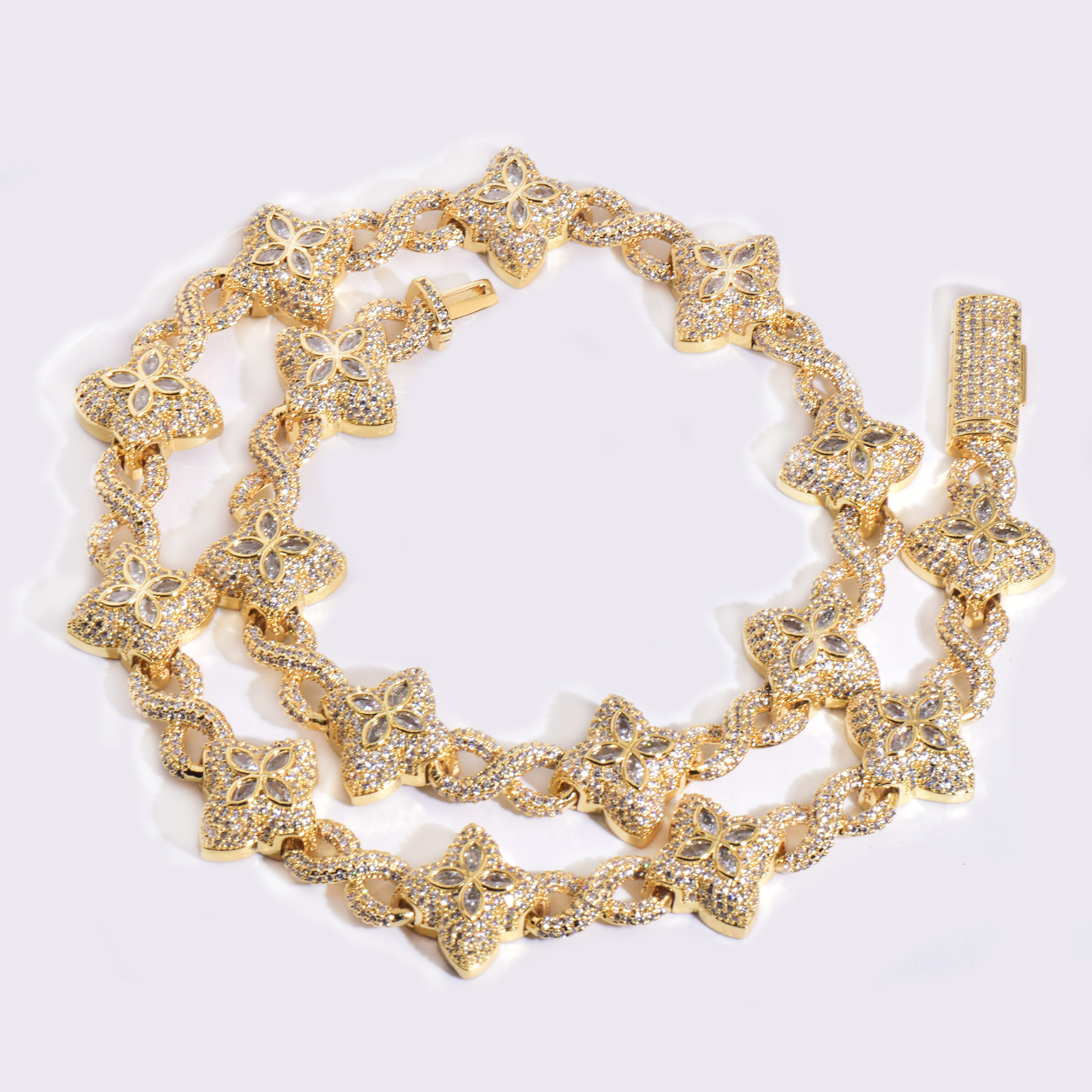 Luxury VVS Moissanite Iced Out Hip Hop Four-Leaf Clover Infinity Cuban Chain Men's Necklace Bracelet Set High-End Versatile Trendy Statement Jewe