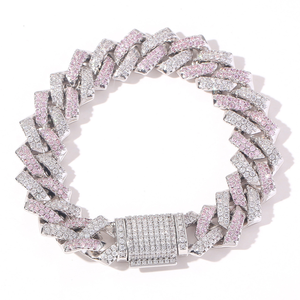 14mm Iced Out Pink White VVS Moissanite Bar Striped Cuban Link Bracelet Hip Hop Bling Trendy Statement Piece Pass the diamond tester
