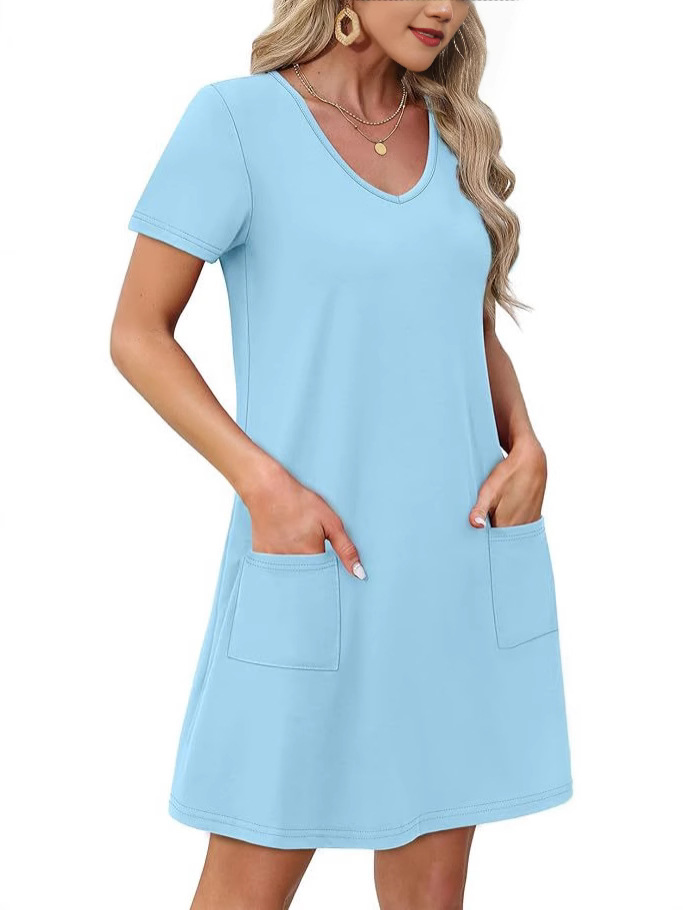 F628Summer new European and American short-sleeved printed pocket V-neck loose casual dress for women