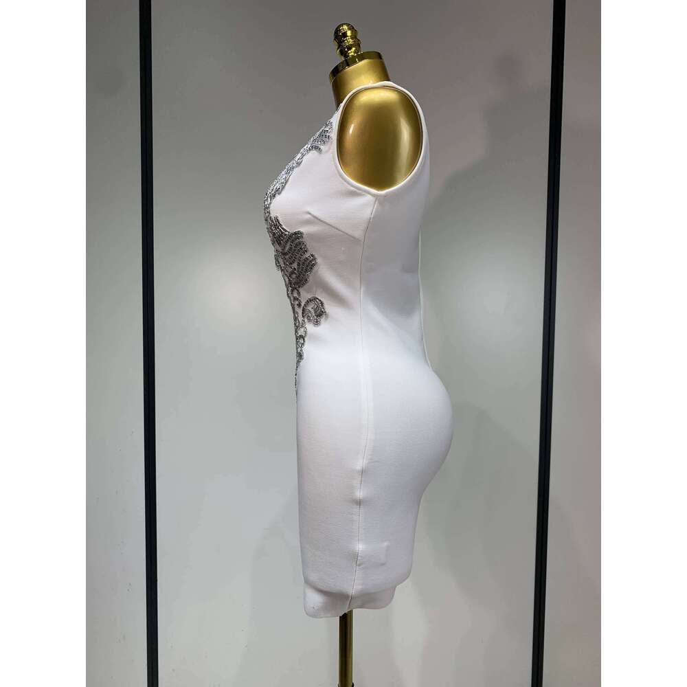 Women 2025 Sexy V Neck Cut Out Short Bandage Dress Sier Sequin White Elegant Birthday Party Club Wedding Vestidos