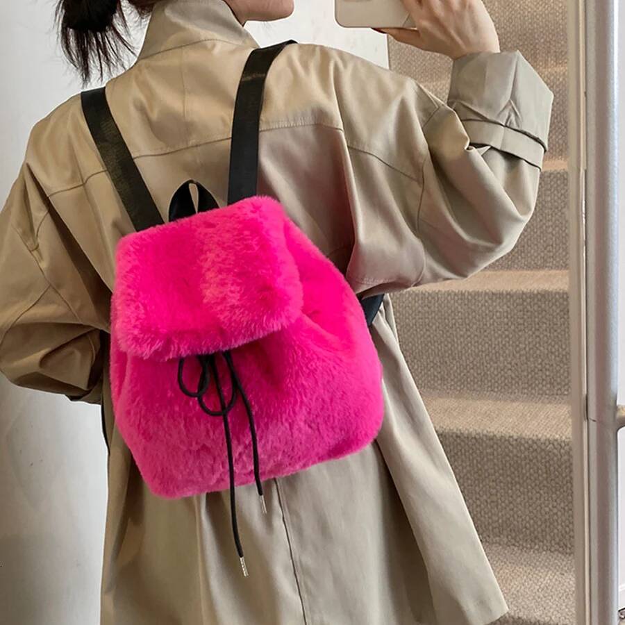 Fashion Leopard Print Drawstring Backpack Women Plush Fluffy Bag Solid Color Soft Fleece Knapsack Winter Warm Faux Fur Rucksack