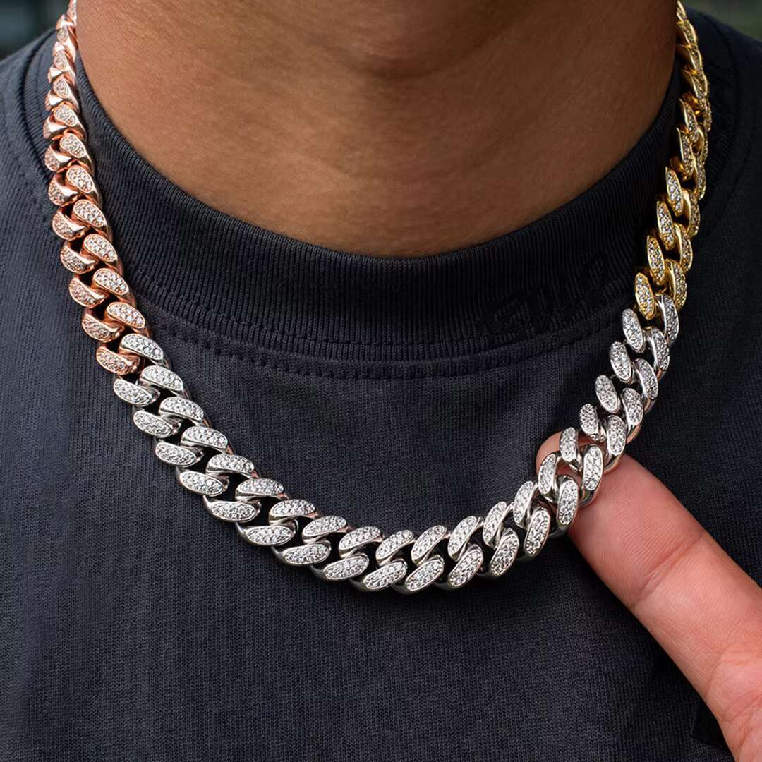 12MM Tri Colored Miami Cuban Link Moissanite Diamond Chains White Yellow Rose Gold Cuban Chains for Sale From India