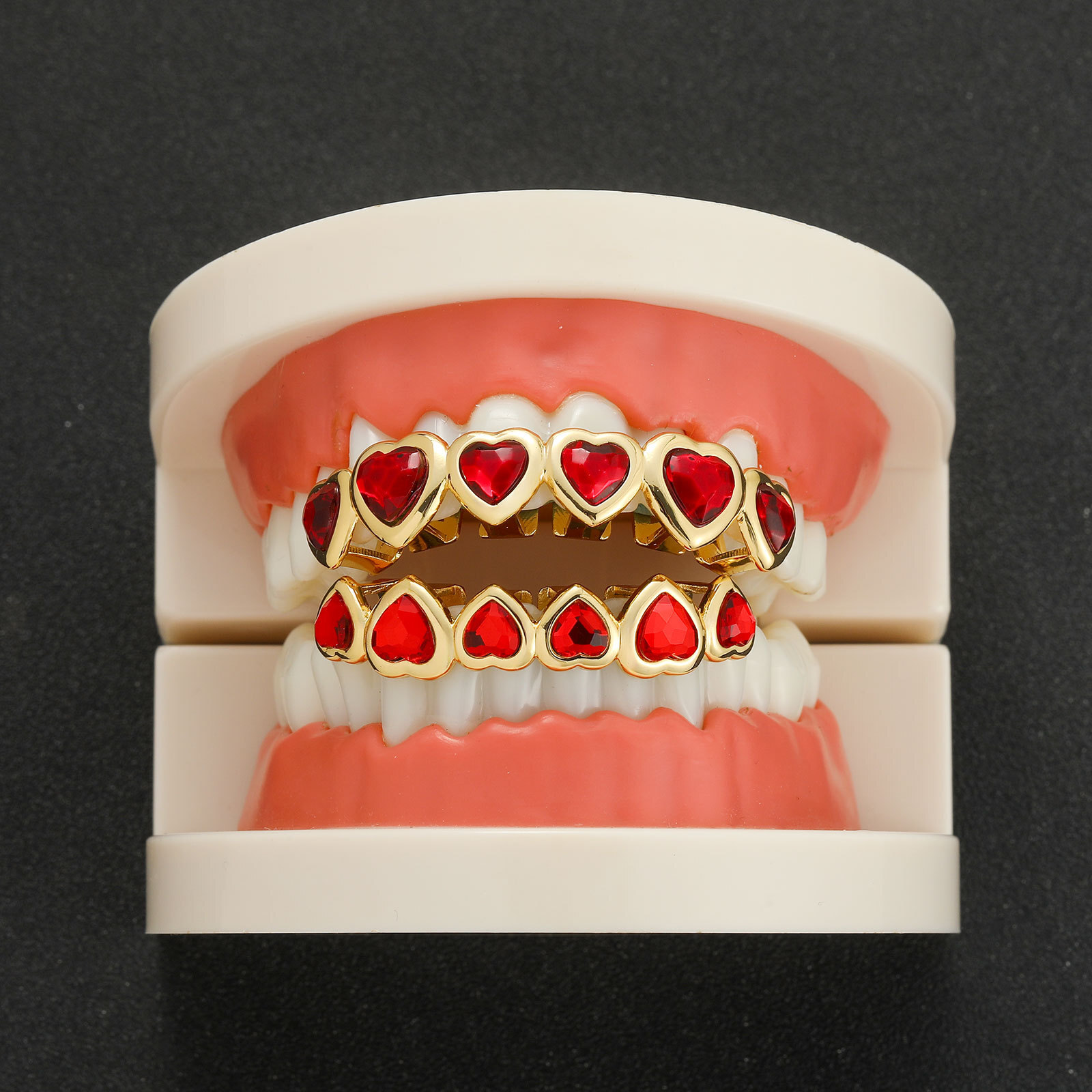 New Arrival Hip Hop 6-teeth Red Heart Diamond-encrusted Creative Halloween Heart-shaped Grillz