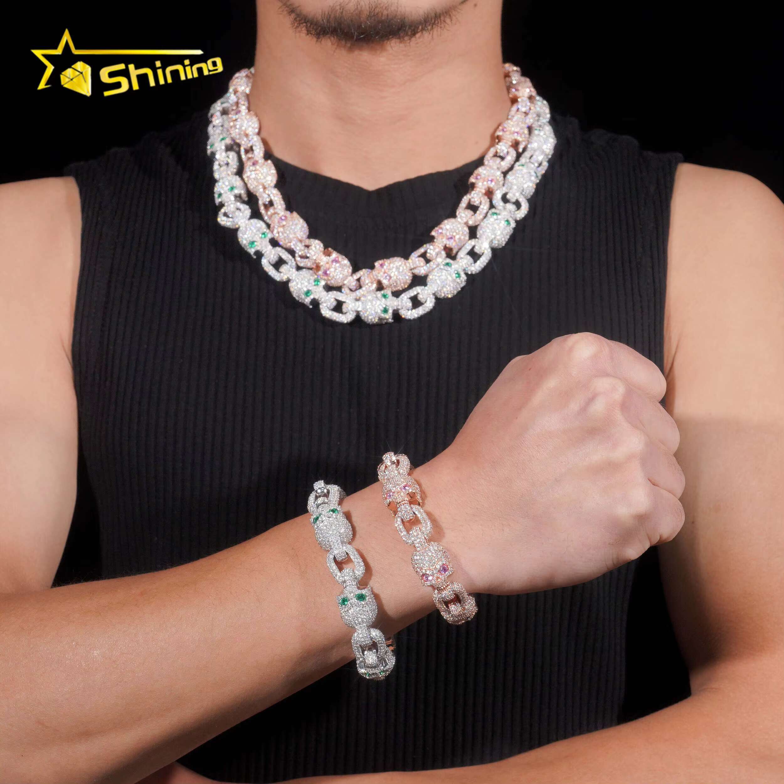 Bling Hip Hop Jewelry 15mm Solid 925 Sterling Silver Gold Plated GRA Custom Skull Iced Out Moissanite Cuban Link Chain Bracelet
